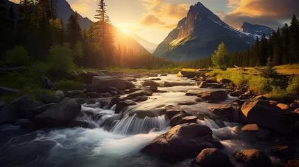  Panoramic view of the mountain river at sunset. Beautiful summer landscape. © Iman