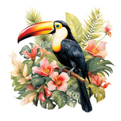 Fototapeta premium A toucan perched on a branch amidst a dense lush tropical foliage, exotic bird art