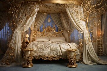 Elegant Mansion Bedroom: Enchanting Fairy-Tale Canopy Beds with Luxurious Gold and Crystal Details - obrazy, fototapety, plakaty