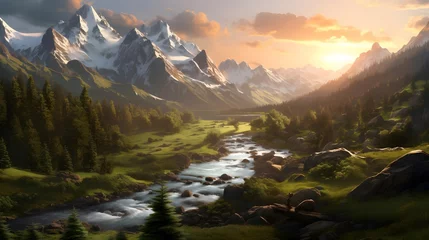 Wandaufkleber Beautiful panoramic view of the mountains and the river at sunset © Iman