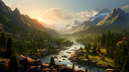 Zelfklevend Fotobehang Panorama of a mountain river in the Altai mountains at sunset © Iman