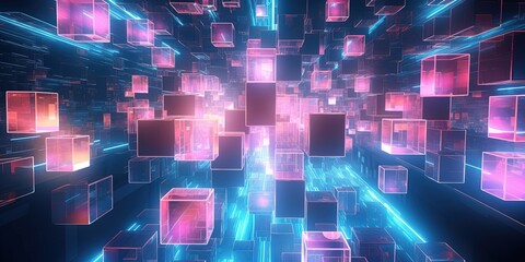 Futuristic digital artwork featuring glowing pink and blue cubes with a central light source