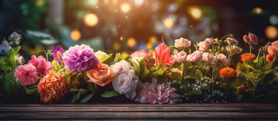Naklejka na ściany i meble Garden flowers on wooden table background