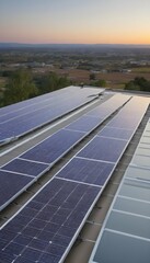 Photovoltaic power panel for roofs, solar energy system for homes, green house environmental industries. Building panels powered by solar energy, electric engineers in the future, environment, sunsets