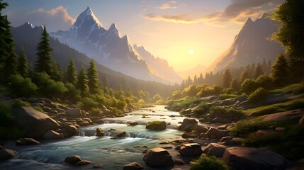 Beautiful panoramic view of the mountain river in the mountains