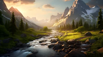 Foto op Canvas Panorama of a mountain river at sunset. Beautiful panoramic landscape © Iman