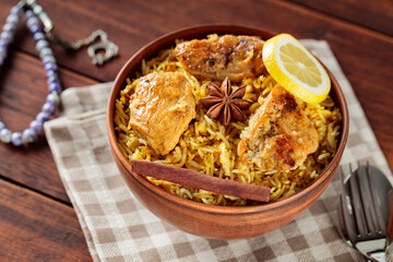 Authentic Chicken Biryani with with Spices in Bowl, Ramadan Food