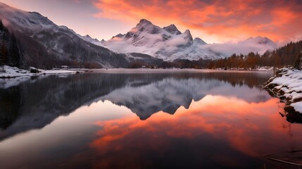 Fototapeta na wymiar Reflection of the mountains in the lake at sunrise. Panorama