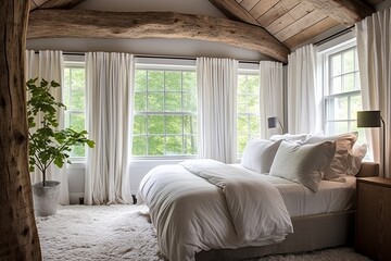 Tree Stump Nightstands in Rustic Farmhouse Bedroom with White Curtains and Wooden Beam Ceilings