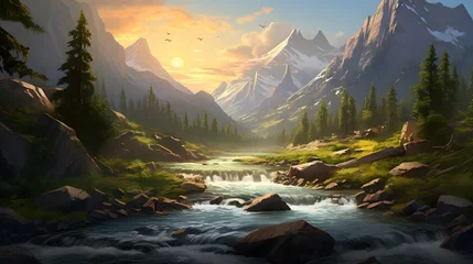  Beautiful mountain landscape with a river and high peaks in the background © Iman