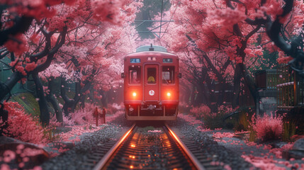 Japanese local train through cherry blossom trees, sakura season, Japan, Kyoto. - obrazy, fototapety, plakaty