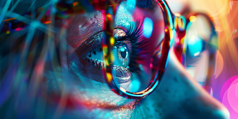 a woman's eye with colorful glasses, generative AI