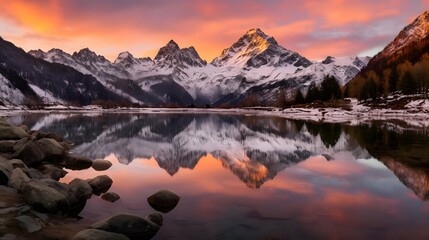 Panoramic view of snow covered mountains reflected in lake at sunset