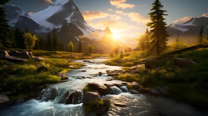 Beautiful panoramic landscape with a mountain river in the foreground