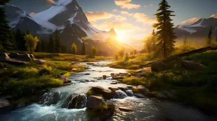 Fotobehang Beautiful panoramic landscape with a mountain river in the foreground © Iman