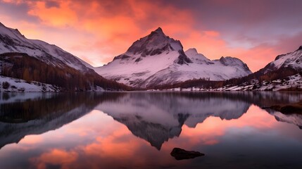 Beautiful panorama of snow capped mountains reflected in lake at sunset