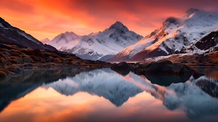 Panoramic view of snow capped mountains reflected in lake at sunset