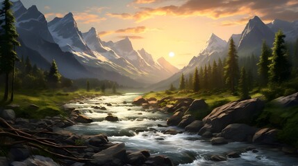 Panorama of a mountain river at sunset in the Canadian Rockies.