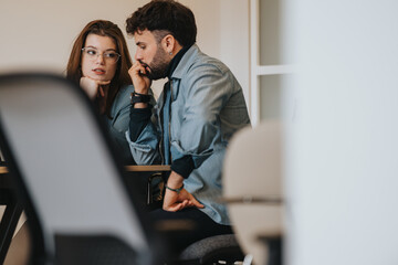 Two focused professionals in a serious discussion over a computer in a modern office setting,...