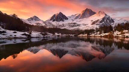 Panoramic view of snow capped mountain range with reflection in lake