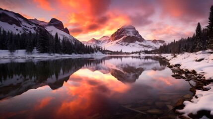 Mountain lake with reflection in the water at sunset, Banff National Park, Canada - obrazy, fototapety, plakaty