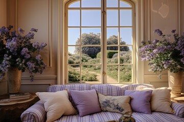 French Country Home Charm: Lavender Fields View from Plantation Shutter Windows, Relaxing Fabric Sofas, and Terra Cotta Decor