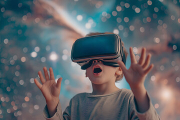 surprised kid boy wearing VR virtual reality glasses, background of space.