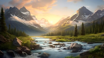 Panoramic view of a mountain river at sunset in summer.