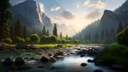 Poster Panoramic view of a mountain river in the morning light. © Iman