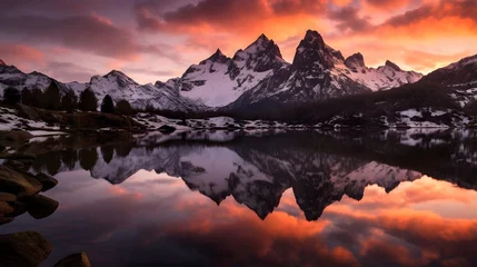 Cercles muraux Montagnes Panoramic view of snow capped mountains reflected in lake at sunset