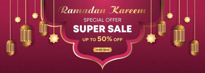 Ramadan Kareem Web Background Super Sale Banner with Podium for Display of product. Ramadan Mega Big Sale Promotion Poster and Social Media Post. Islamic Special Offer Promotion Banner Design Template