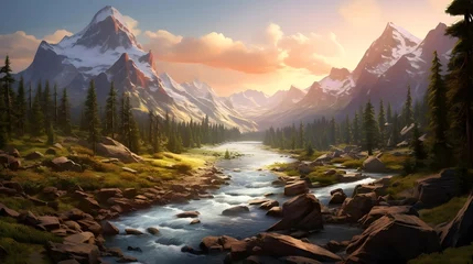 Selbstklebende Fototapeten Panoramic view of a mountain river in the mountains at sunset © Iman