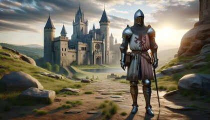 Naklejka premium Sentinel at Sunrise: Medieval Knight Overlooking Castle Grounds