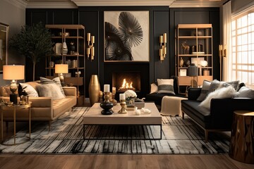 Golden Glamour: Luxe Hollywood Living Room with Wooden and Clay Decor, Luxurious Rugs - obrazy, fototapety, plakaty