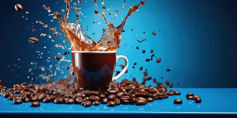 Tuinposter Splash of coffee and beans on blue background © Влада Яковенко