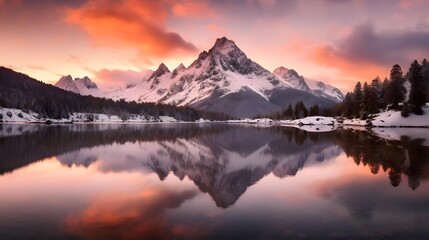 Fototapeta na wymiar Panoramic view of snow capped mountains reflected in a lake at sunset