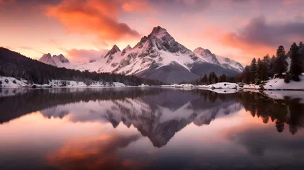 Photo sur Plexiglas Lavende Panoramic view of snow capped mountains reflected in a lake at sunset