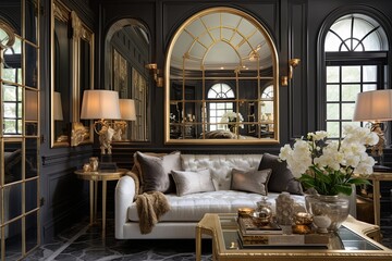 Fototapeta na wymiar Golden Elegance: Glam Interior featuring Historic Architectural Gems and Hollywood Mirror Accents