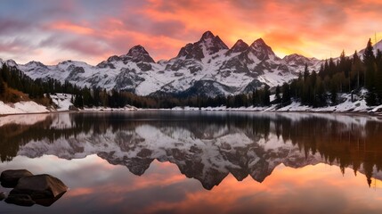 Panoramic view of the mountains reflected in a lake at sunset