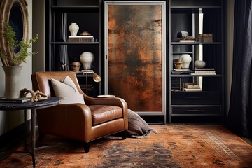 Earthy Glam Room: Hollywood Mirror, Leather Armchair, Textiles & Rugs