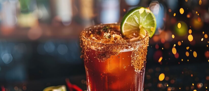 A detailed view of a Mexican-inspired alcoholic cocktail called a michelada, made with beer, lime juice, tomato juice, spicy sauce, and spices, placed on a table.