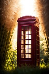 a red telephone booth in the middle of tall grass