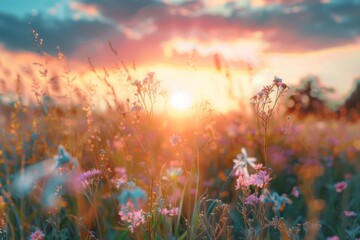 Field of wildflowers at sunset, capturing the vibrant colors and serene atmosphere. Concept of nature, tranquility, and beauty in bloom.
