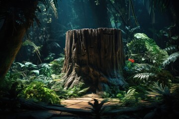 a tree stump in a forest - Powered by Adobe