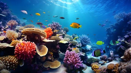 Naklejka na ściany i meble Coral reef and fish. Underwater panoramic view.