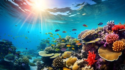 Underwater panorama of coral reef with fishes and rays of sun