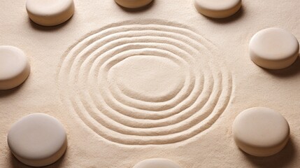 a group of round stones in sand - obrazy, fototapety, plakaty