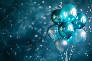 Bunch of shiny teal and silver balloons floating against a bokeh-filled teal background, capturing a festive and celebratory mood. Concept of celebration, joy, and festivity.
