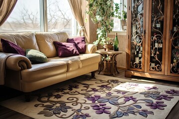 Sunlit Grape & Vine-Infused Apartment: Nature's Touch Through Grapevine Patterns on Textile Rugs
