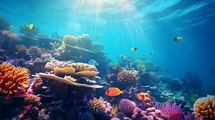 Poster Underwater panoramic view of coral reef and tropical fish. © Iman